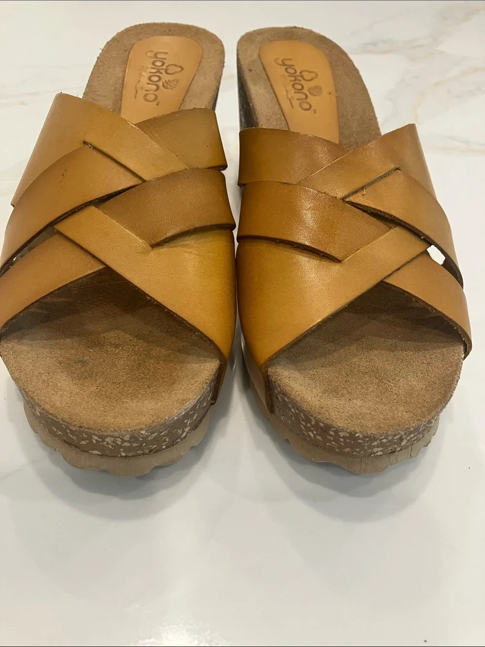 Yokono Made in Spain Women’s Mustard Leather Wedge Cork Heel Sandals Sz 29- EUC
